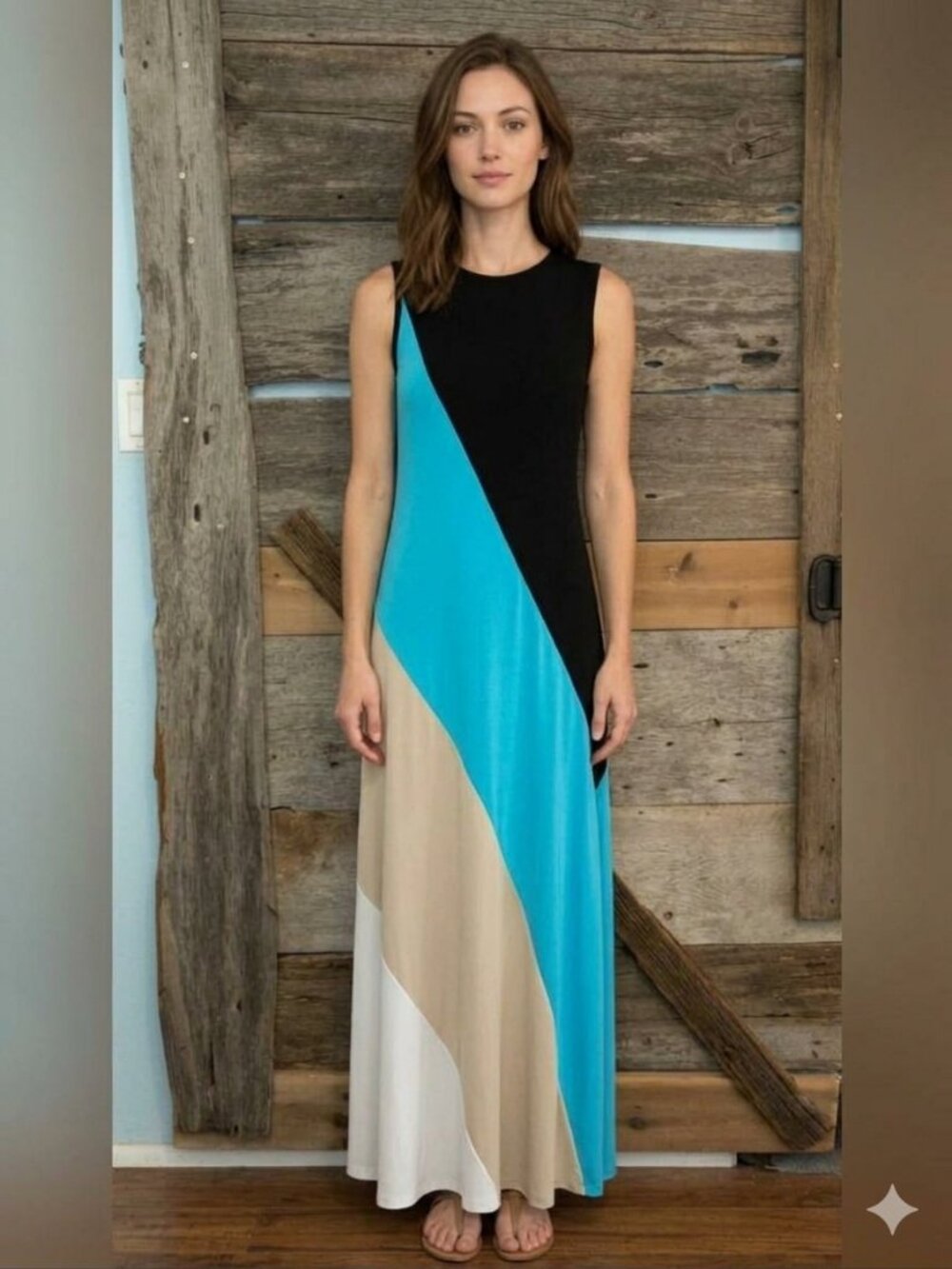 Calvin Klein Size 6 Black/Blue/Tan Sleeveless Maxi Dress